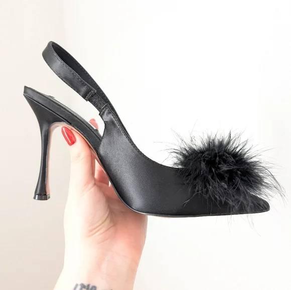 Steve Madden Black Feather Pom Pom Blythe Satin Slingback Heels Pumps - Picture 6 of 10
